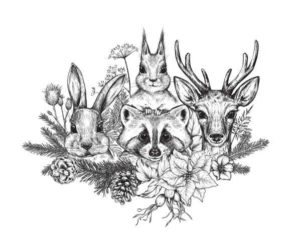 Hand-Drawn Festive Animal Wreath Vector Image