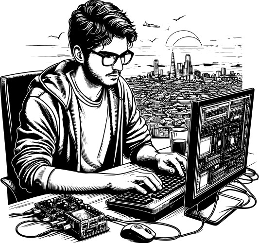Programmer working on computer hardware with code vector image