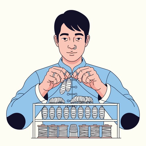 Asian craftsman making silk Vector Image