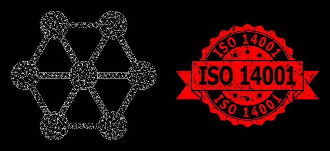 Rubber iso 14001 seal and polygonal network node vector image