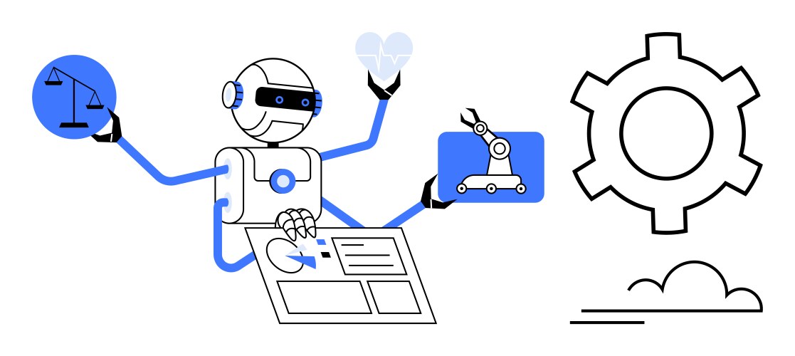 Multi-tasking robot managing data automation vektorbild