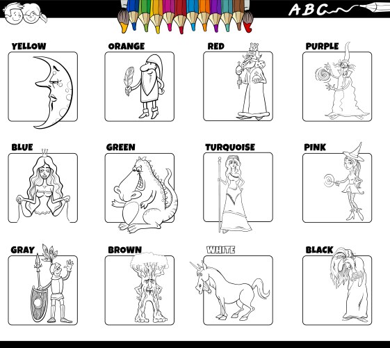 Basic colors with fantasy characters set coloring Vector Image