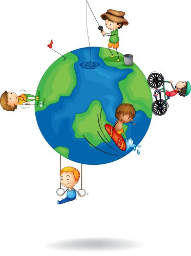 kids playing on earth globe vector