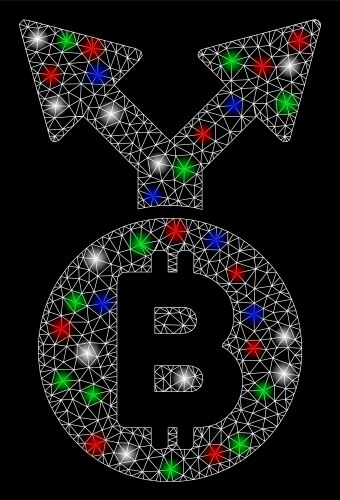 Bright mesh wire frame bitcoin fork with light vector image