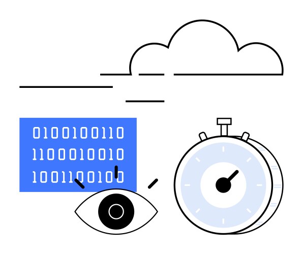 Eye observing binary code stopwatch and cloud vector image