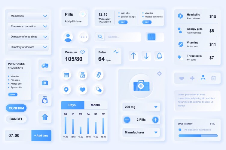 User interface elements for medical mobile app vector image