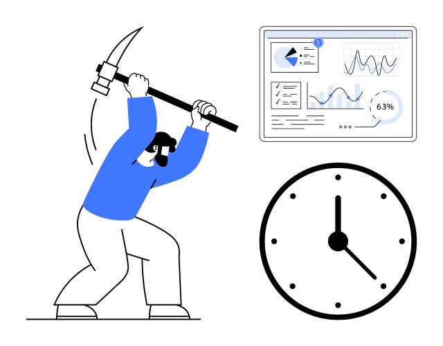 Worker mining data insights with pickaxe near vector image