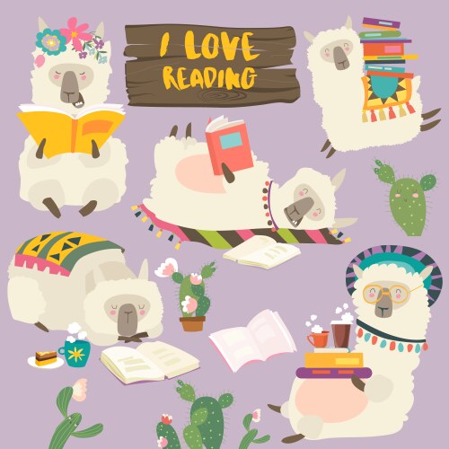 funny cartoon llamas alpaca reading books set vector