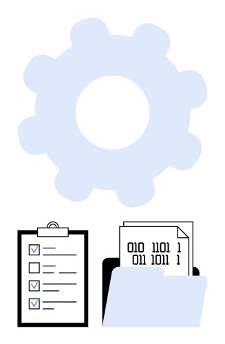 Gear with clipboard and folder of binary code vector image