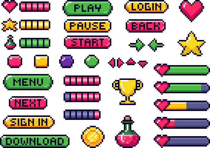 Pixel Game Buttons & UI Elements vector image