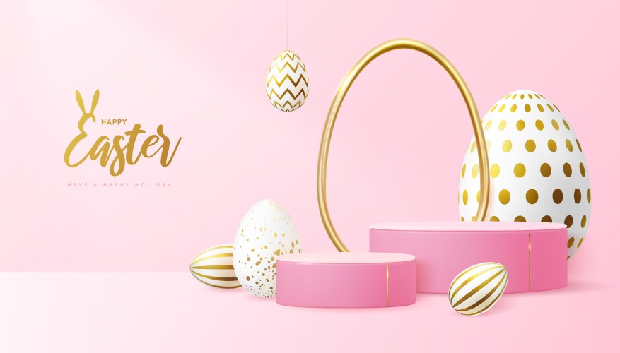 Easter background with 3d podium and eggs vector image