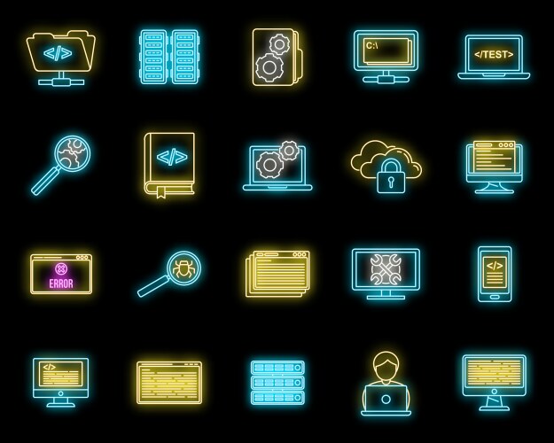 Pc testing software icons set neon vector image