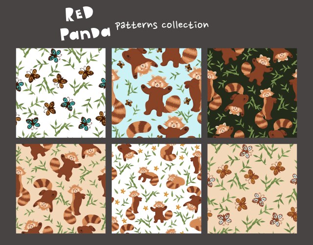 Set seamless patterns with red panda graphics vector image
