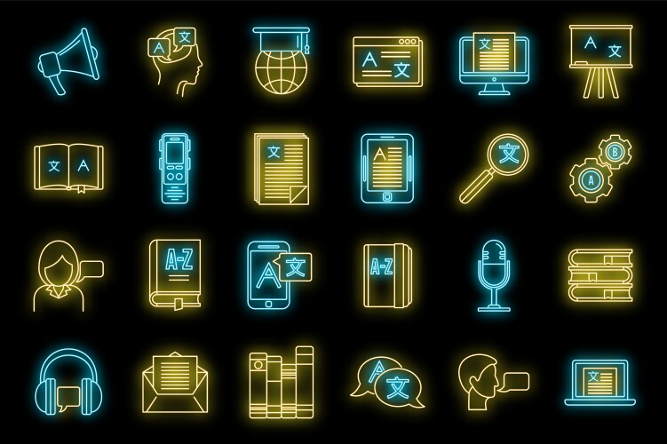 linguist speak icons set neon vector