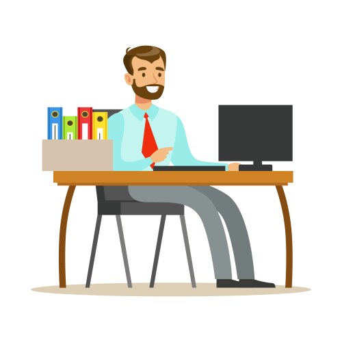 Man working at his desk with computer and folders vector image
