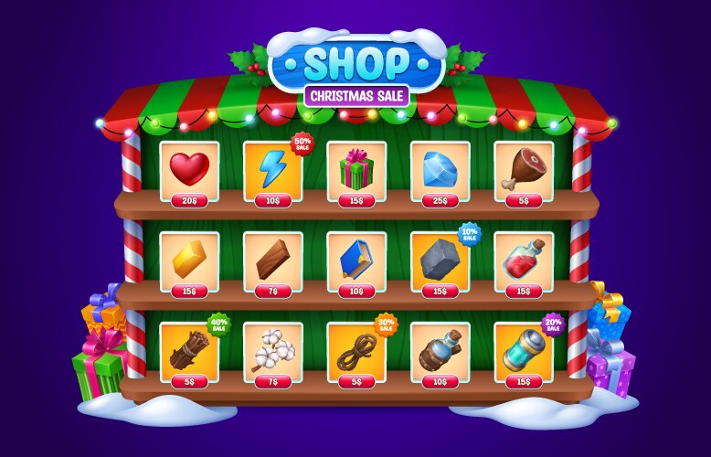 Christmas winter sale ui game shop frame with snow vector image