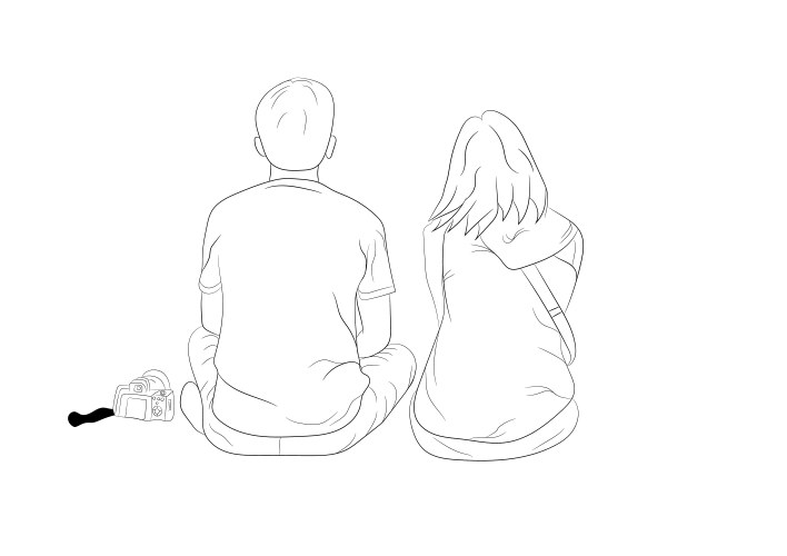 Graphics drawing outline couple boy and girl sit Vector Image