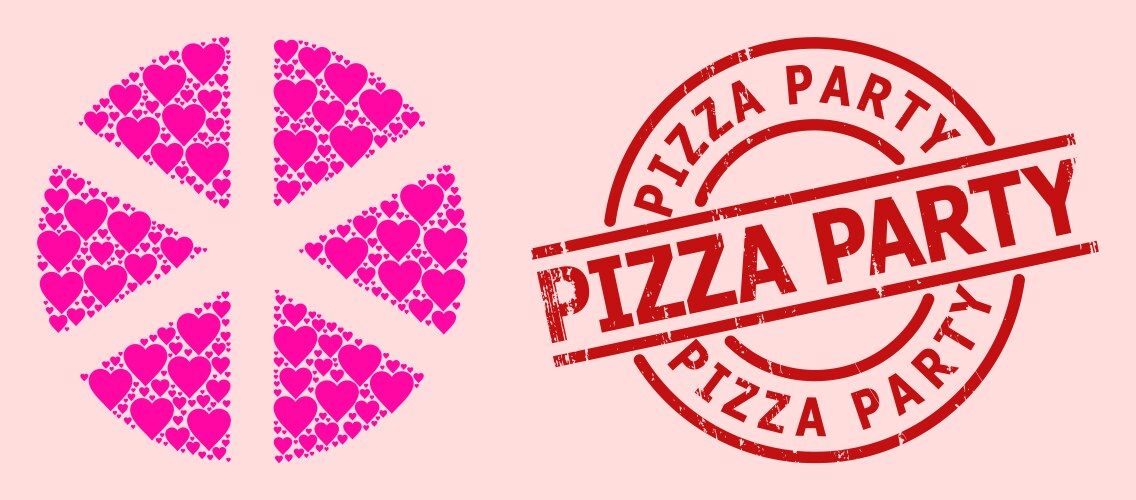 Grunge pizza party badge and pink love heart Vector Image