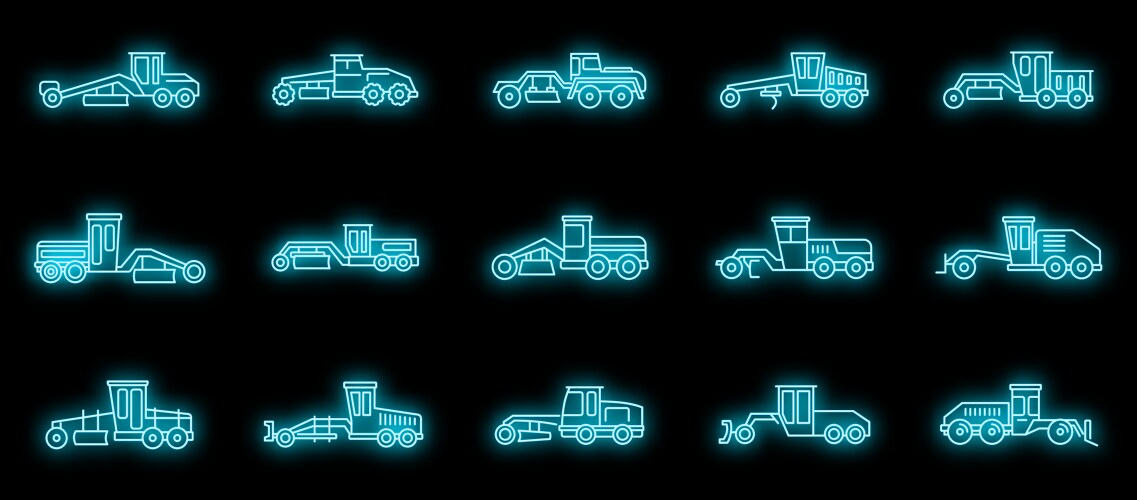 Construction grader machine icons set neon vector image