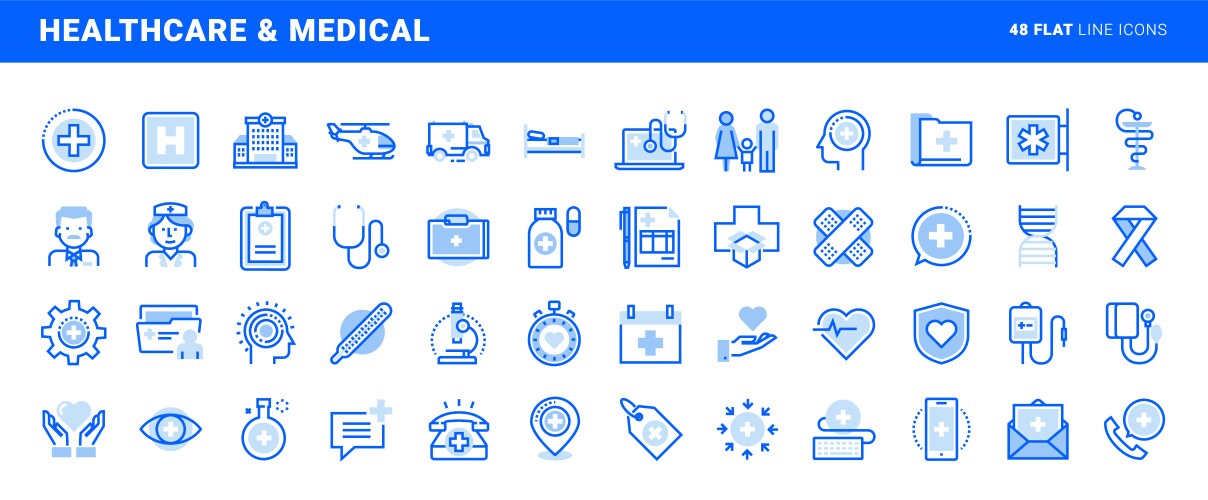 Flat line colorful icons collection of healthcare Vector Image