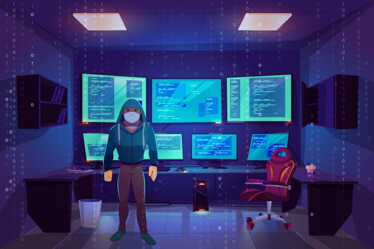 hacker in server room multiple computer monitors vector image