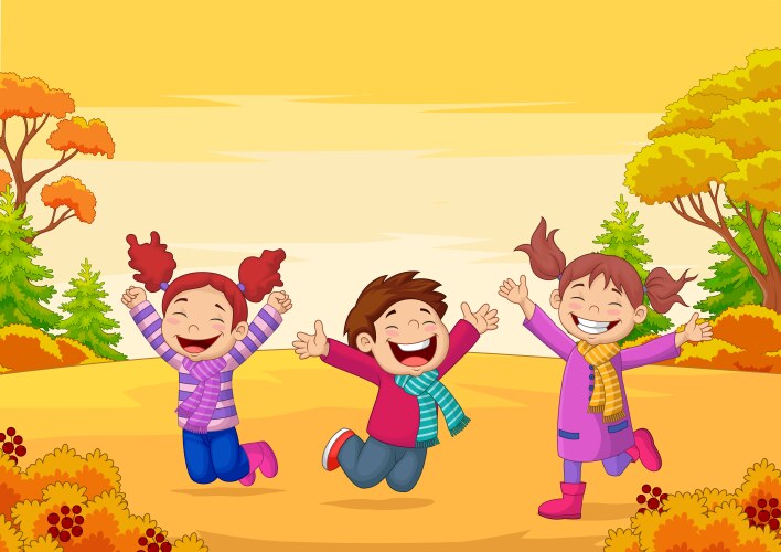 Happy children jumping on autumn background Vector Image
