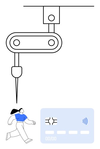 Automated robotic arm processes payment data while vector image