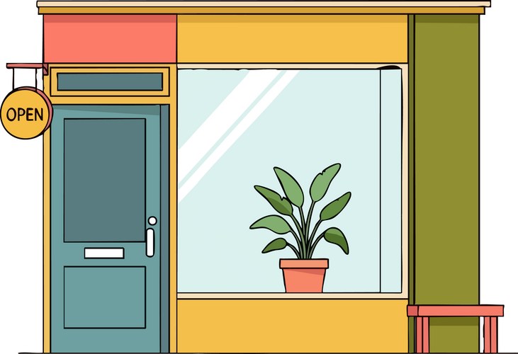 Charming storefront with open sign and potted Vector Image
