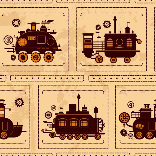Seamless pattern with steam engine machines vector image