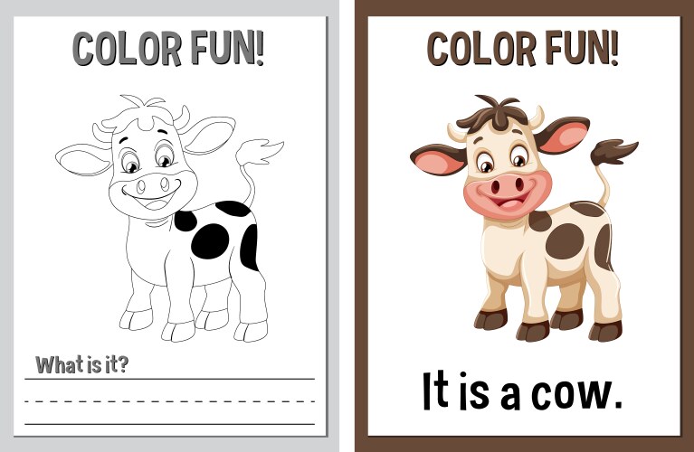 Coloring and learning activity cards with a cow Vector Image