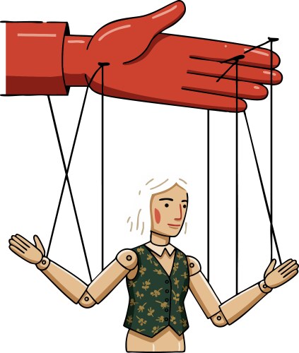 Puppet controlled by large red hand strings vector image