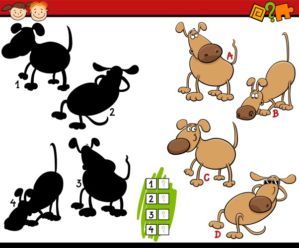 Shadow game with cartoon dog characters coloring Vector Image