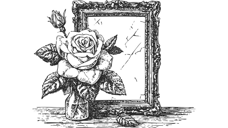 Single Rose in Glass Vase with Mirror Vector Image