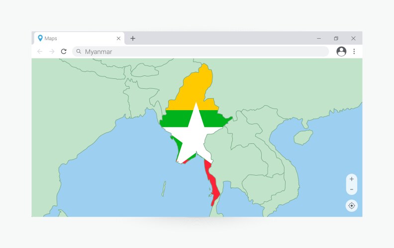 Browser window with map of myanmar searching vector image
