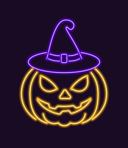 Neon glowing pumpkin in witch hat &ndash; Royalty-Free Vector | VectorStock