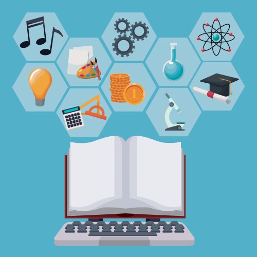 Tech laptop and display open book with gray color vector image