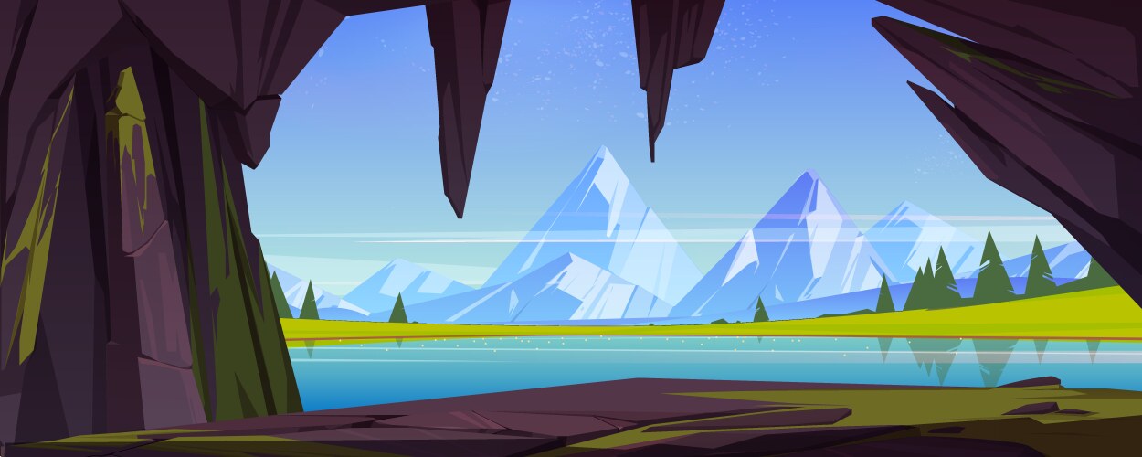 Magic stone portal in cave with green lake Vector Image
