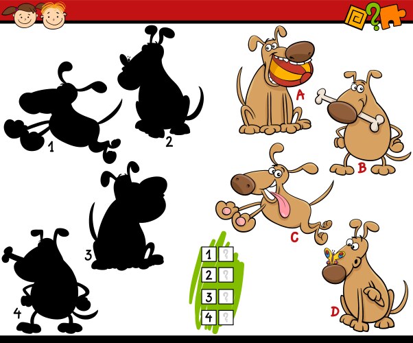 Shadow game with cartoon dog characters coloring Vector Image