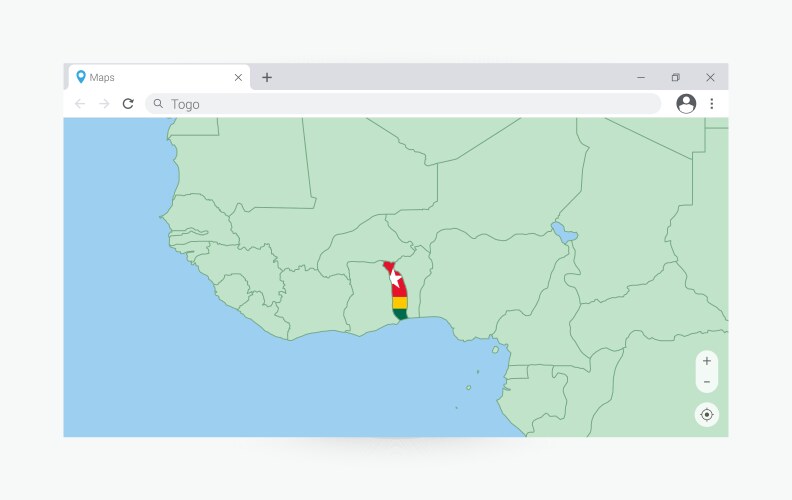 Browser window with map of togo searching vector image