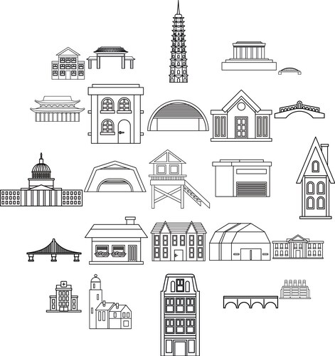 Building icons set outline style vector image