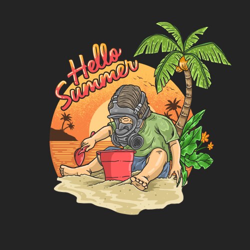 Boy with Gas Mask on Tropical Beach Vector Image