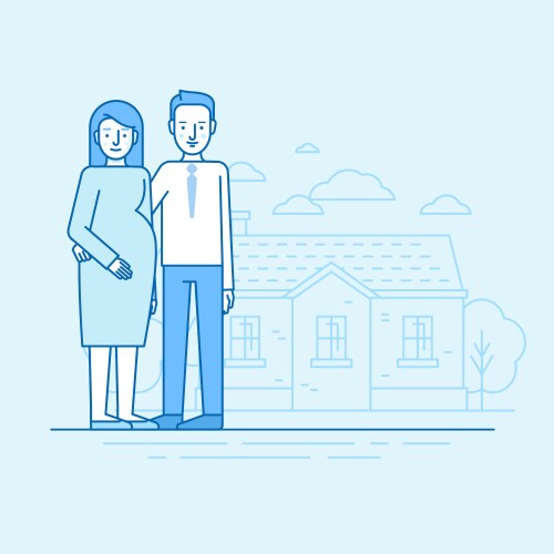 flat linear in blue colors - happy young family vector