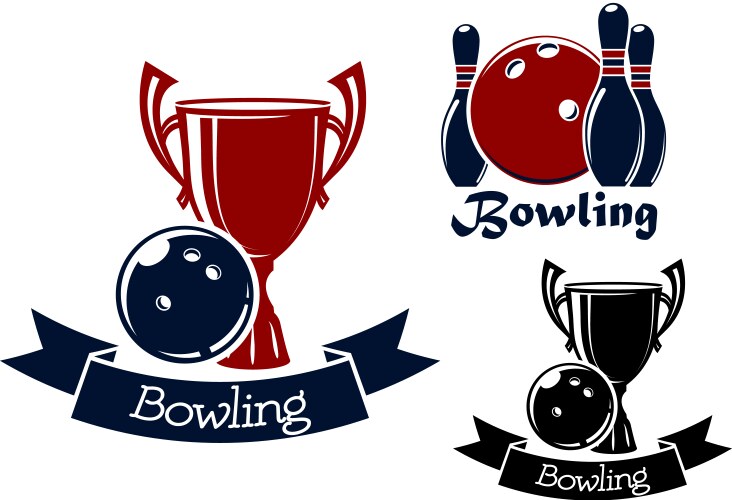 Bowling game icons with balls ninepins and trophy vector image