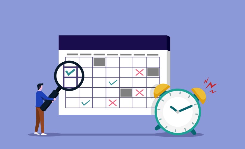 Man checking schedule of work with magnifying vector image