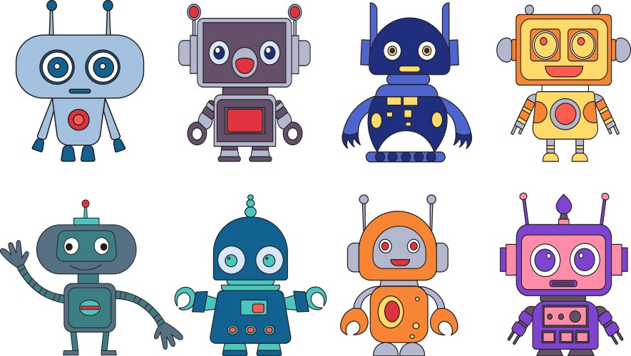 Set of robots androids in doodle style vector image