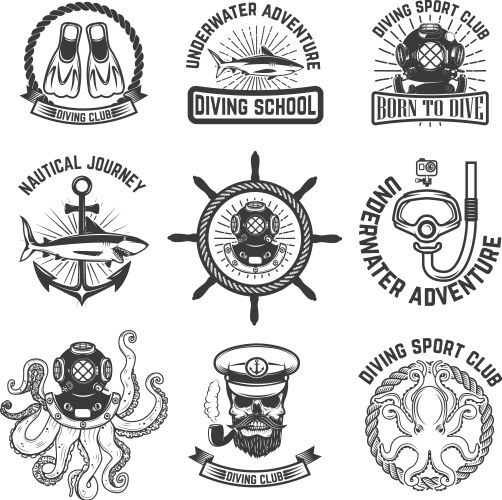 Scuba Diving Club Icons & Elements Vector Image