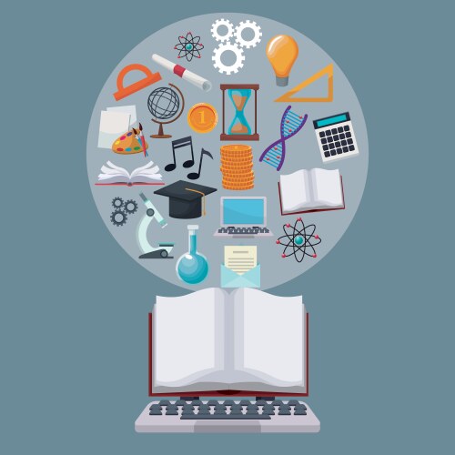 Tech laptop and display open book with circular vector image