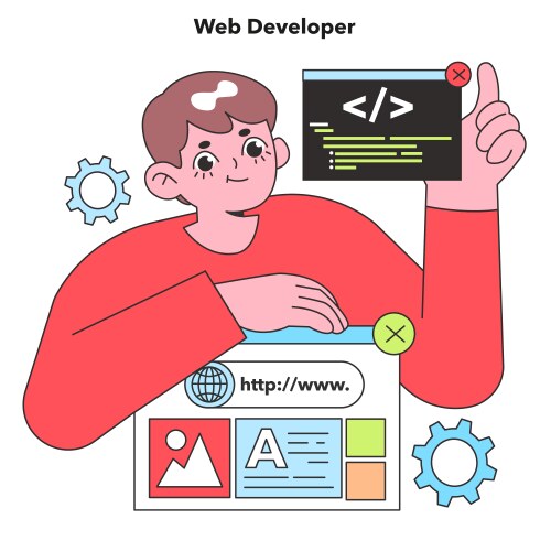 A web developer expertly crafts code the building vector image