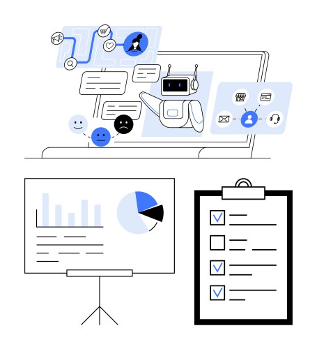 Ai chatbot interacting with users alongside data vector image