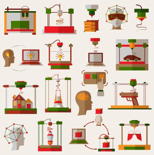 Flat icons set of 3d printing modeling vector image